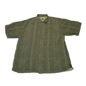 Tommy Bahama Shirt Men XL Olive Green Floral‎ 100% Silk Short Sleeve Button-Up